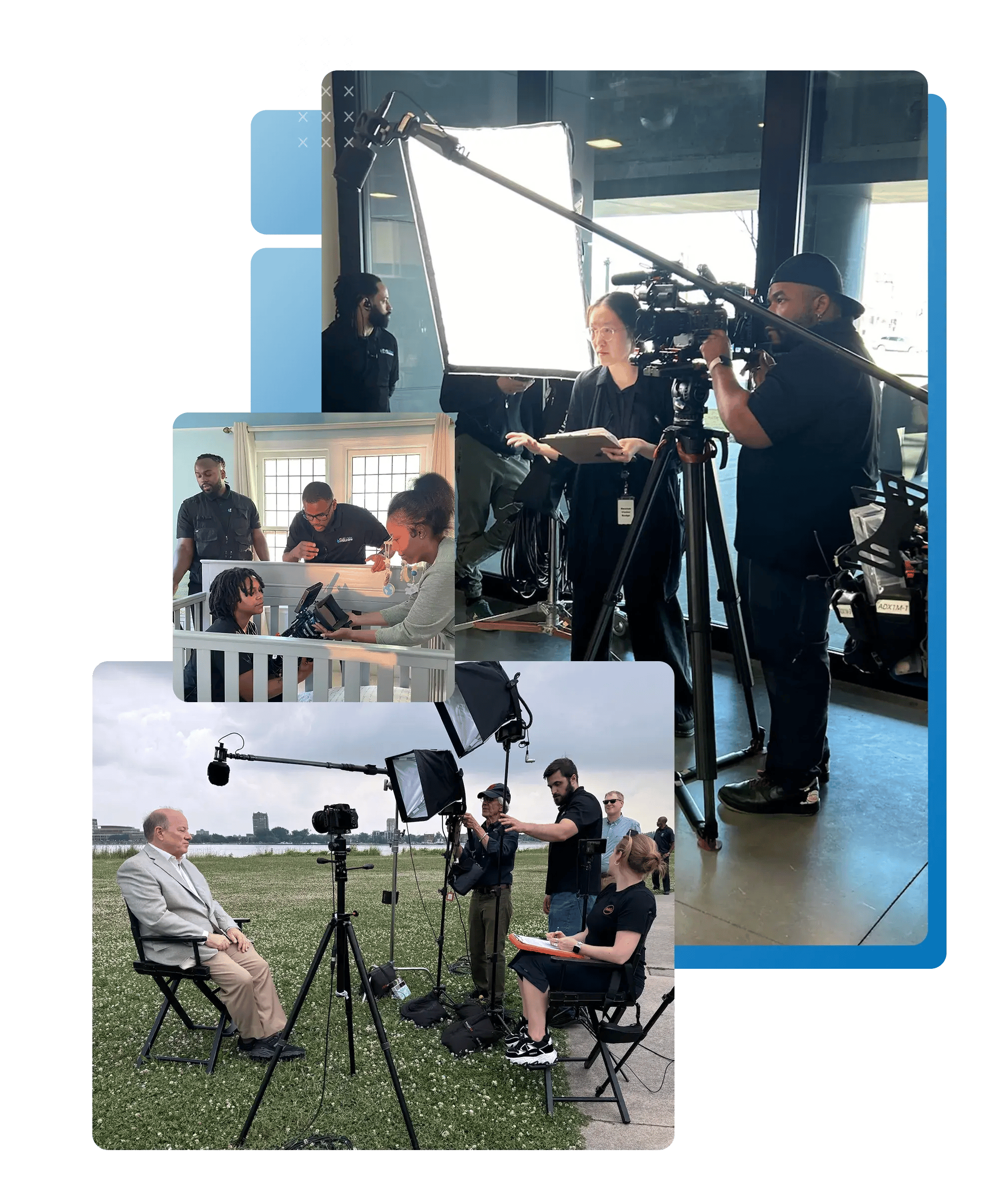 A professional film crew sets up cameras, lighting, and audio equipment on a production set, ensuring high-quality video production.